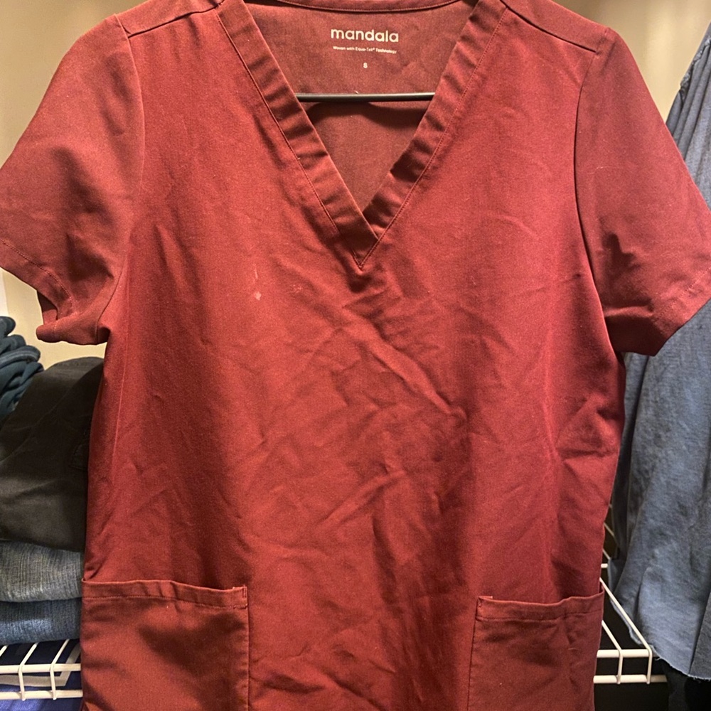 Mandala Women's Short Sleeve Burgundy Scrub Top